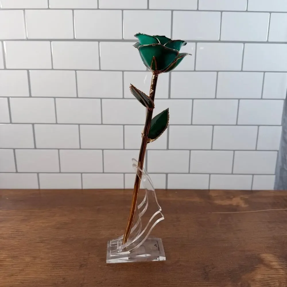 DeFaith 24k Gold Dipped Lacquered Green Rose with Acrylic Stand